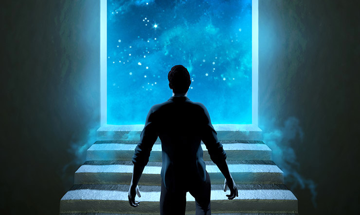 Man climbing a staircase leading to a door over the universe. Digital illustration.